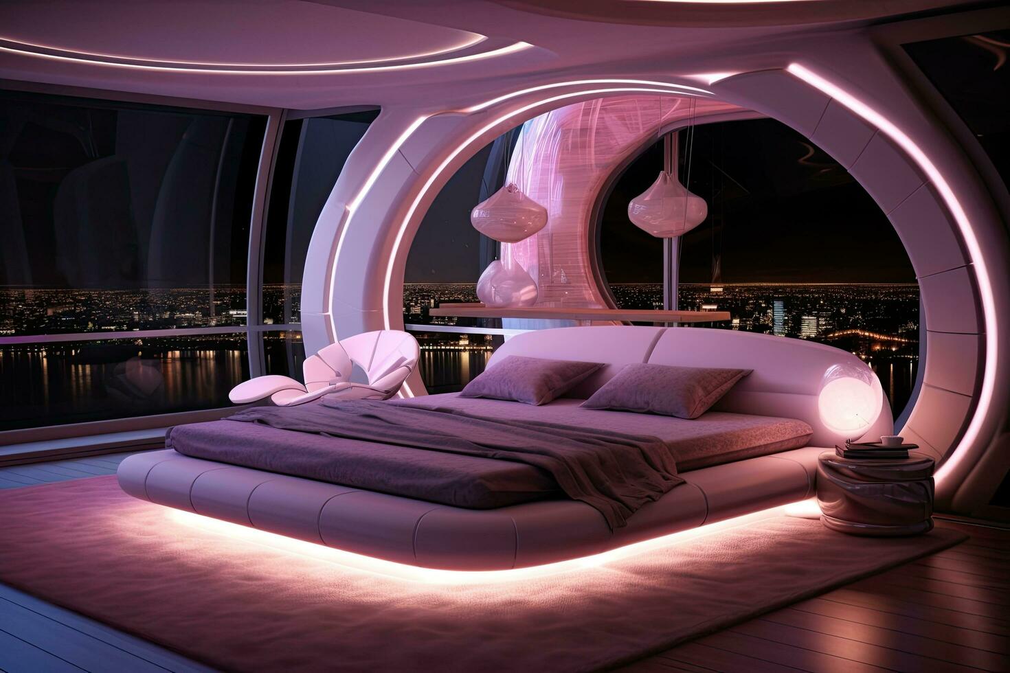 3d rendering of a modern bedroom with a view of the city, Futuristic bedroom with romantic lighting, AI Generated photo