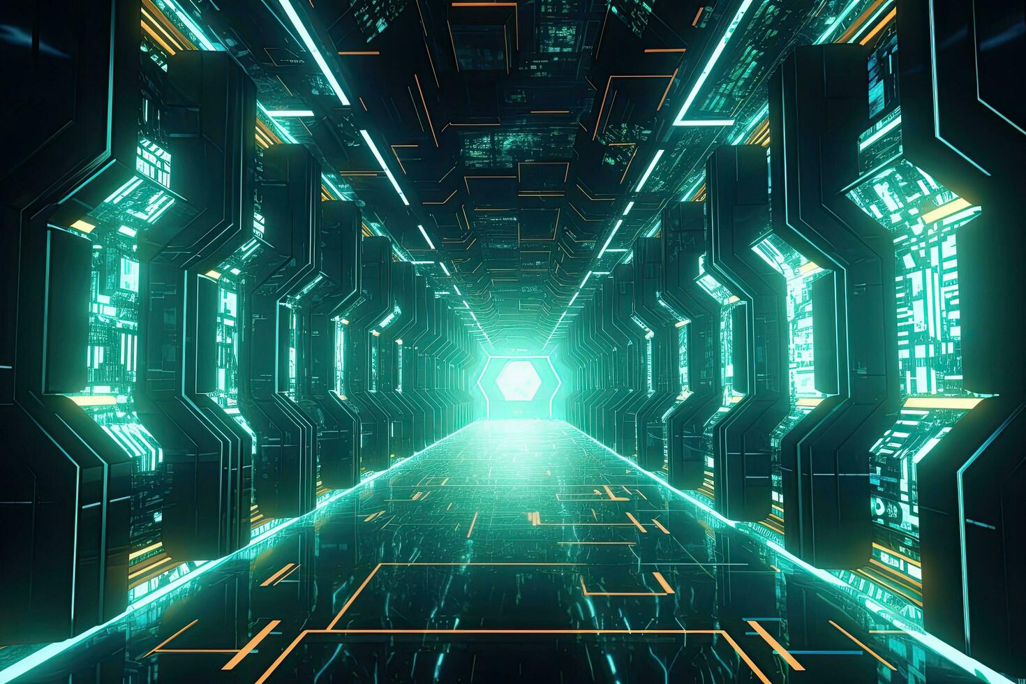 Dark futuristic corridor with glowing neon lights. 3d rendering toned image, Futuristic Metaverse Tunnel with Polygon Shapes and Circuit Boards, AI Generated photo