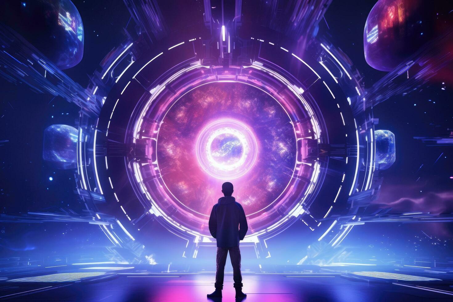 Rear view of businessman looking at abstract tunnel. Future and technology concept, Futuristic spaceship interior with glowing neon lights and man. 3d rendering, AI Generated photo