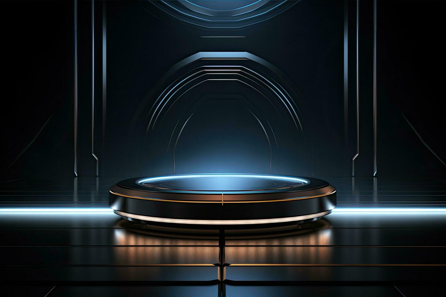 Abstract dark scene with neon light and podium. Mock up, 3D Rendering, Futuristic dark podium with light and reflection background, AI Generated photo