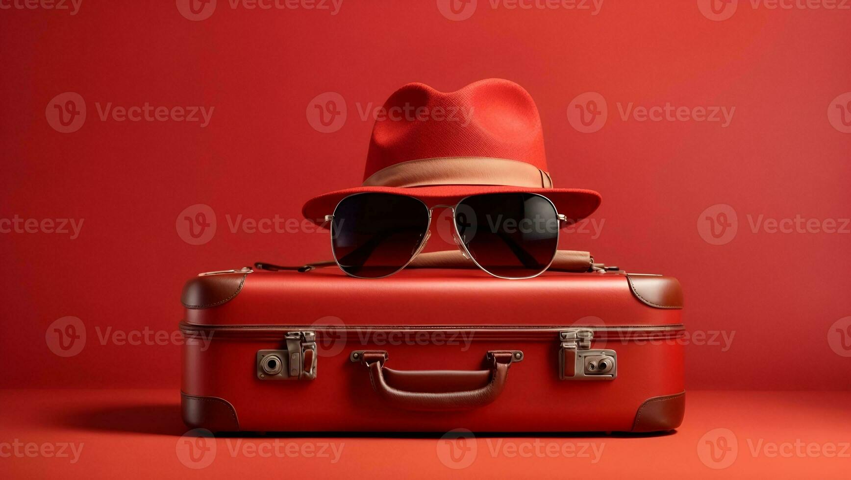 Suitcase with hat and sunglasses on red background. Ai Generated photo