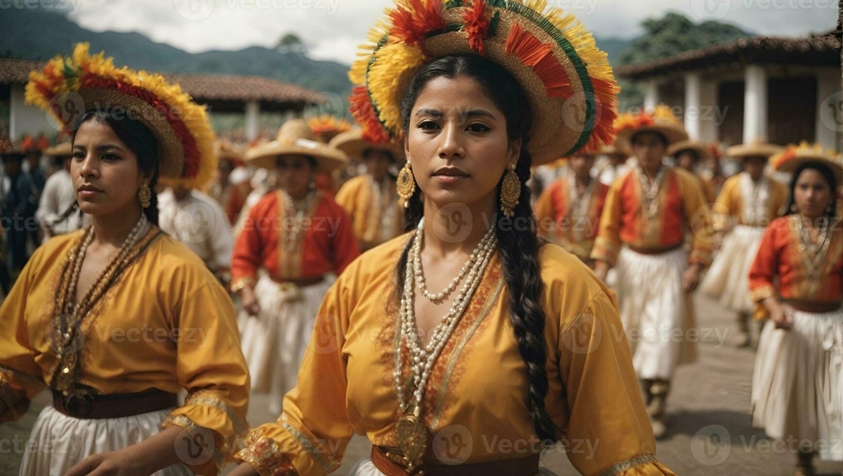 Nicaraguan folklore dancer smiling and looking at the camera outside the cathedral church in the central park of the city of Leon. The woman wears the typical dress of Central America. Ai Generated photo