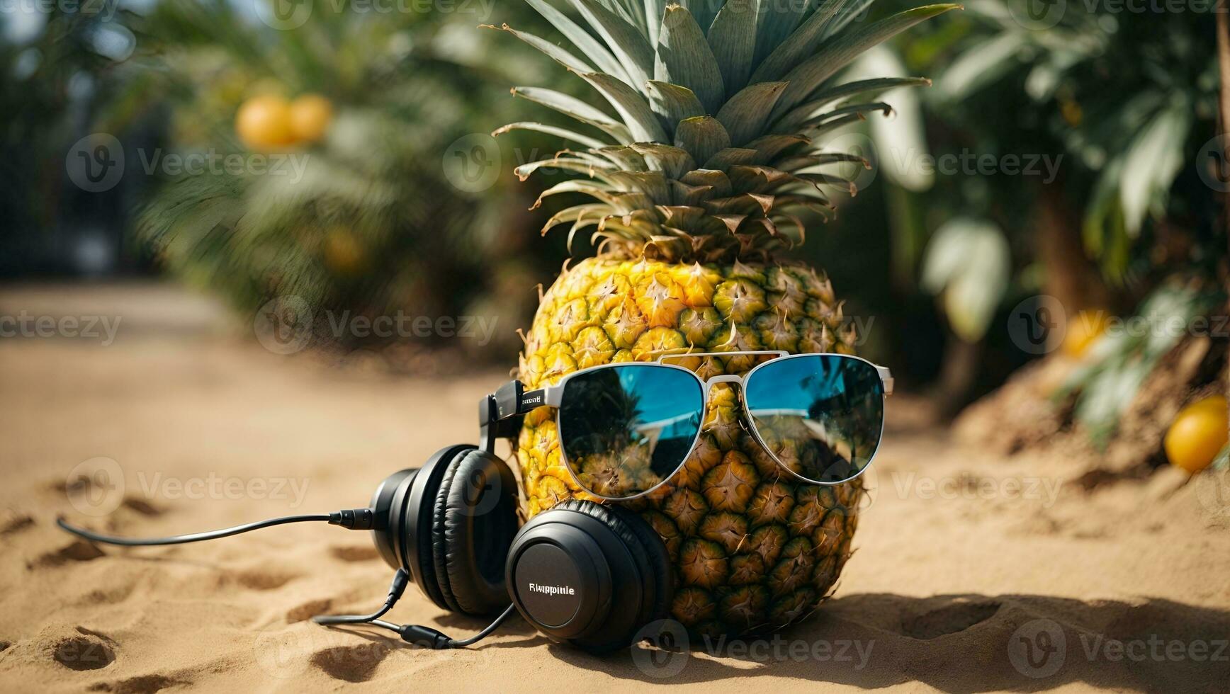 view of pineapple fruit with cool sunglasses and headphones. Ai Generated photo