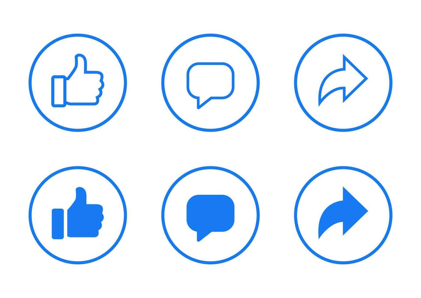 Like, comment, and share icon vector in circle line. Social media thumb up, speech bubble, and repost arrow sign symbol