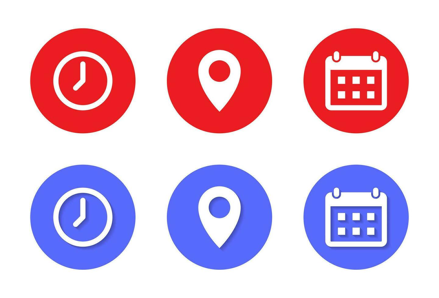 Time, map pin, and calendar icon vector in flat style. Clock, location, and date sign symbol