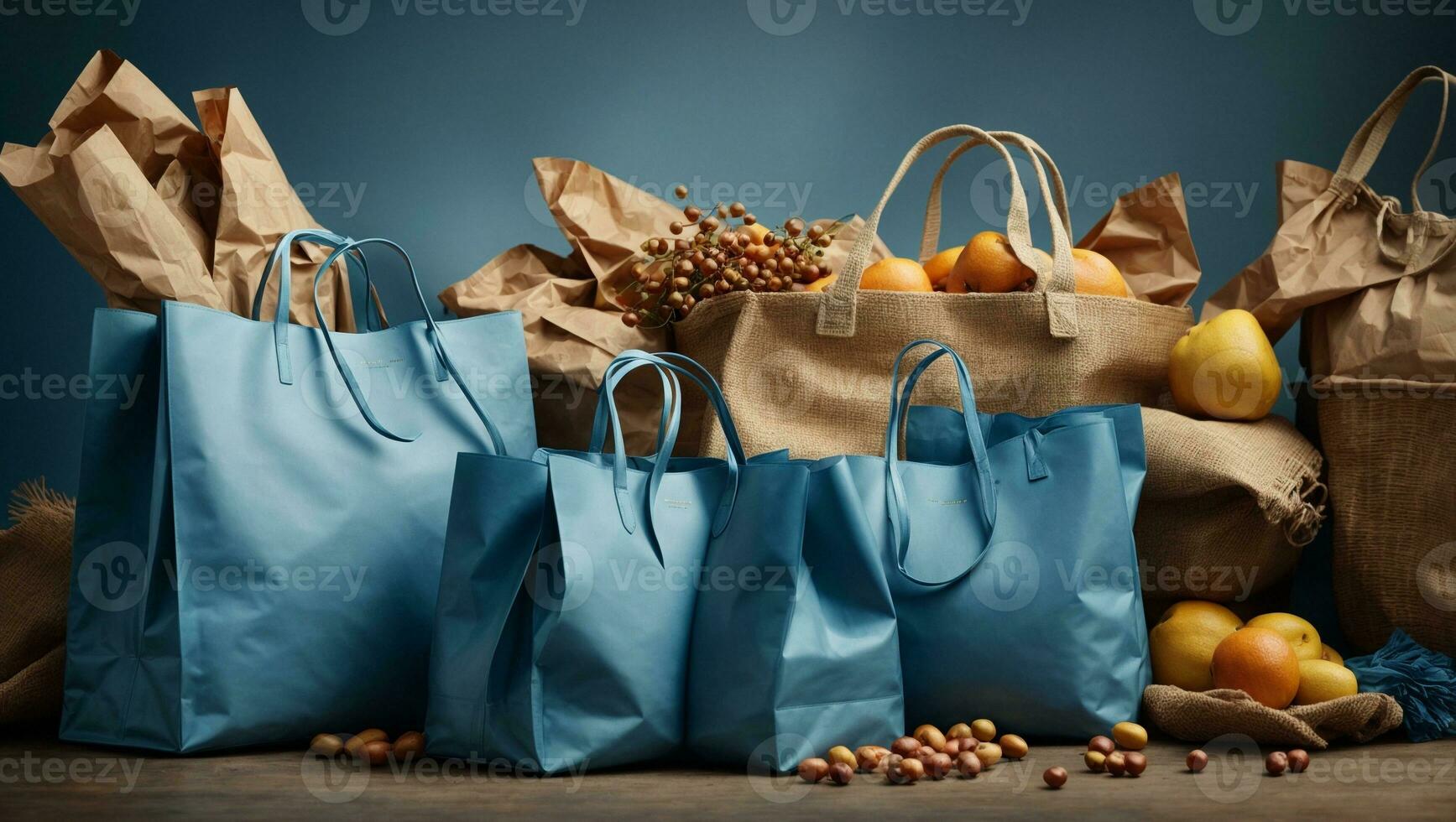 Blue shopping bags. Blue background.. Ai Generated photo