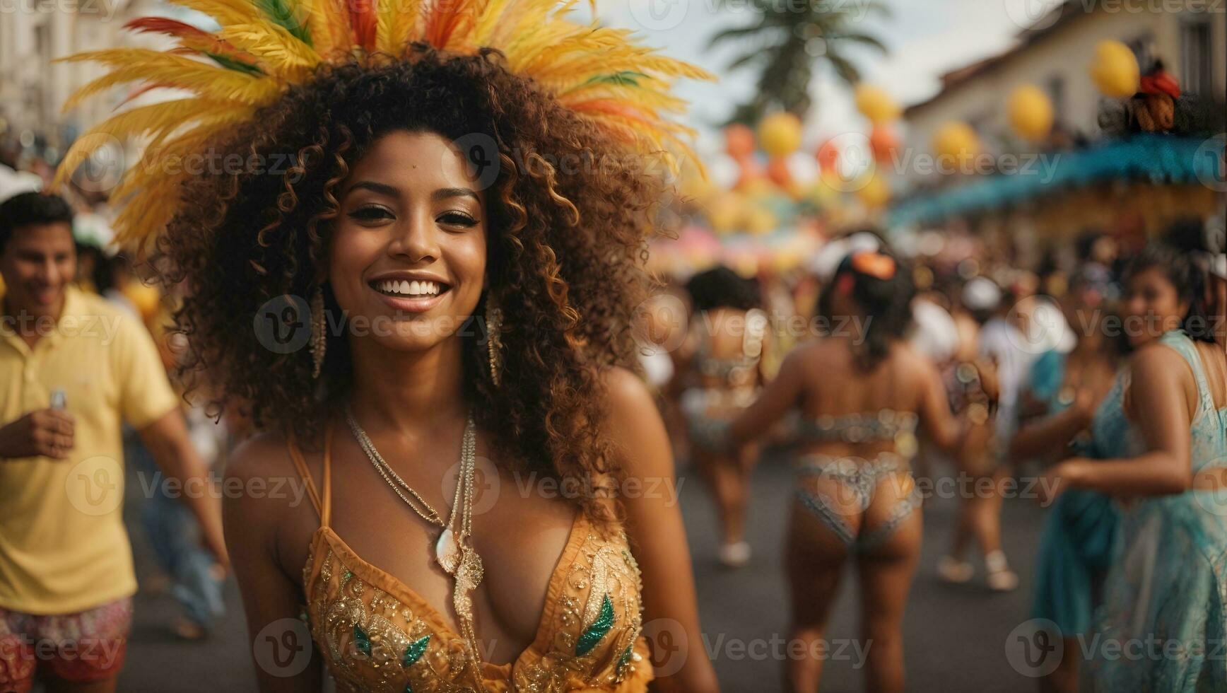 divertido mujer bailando carnaval en el calle. brasileño personas disfrutando carnaval festival en Brasil. ai generado foto