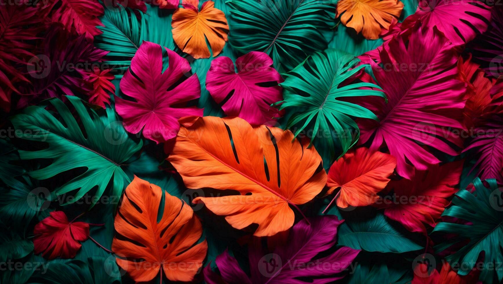 Creative fluorescent color layout made of tropical leaves. Flat lay neon colors. Nature concept.. Ai Generated photo