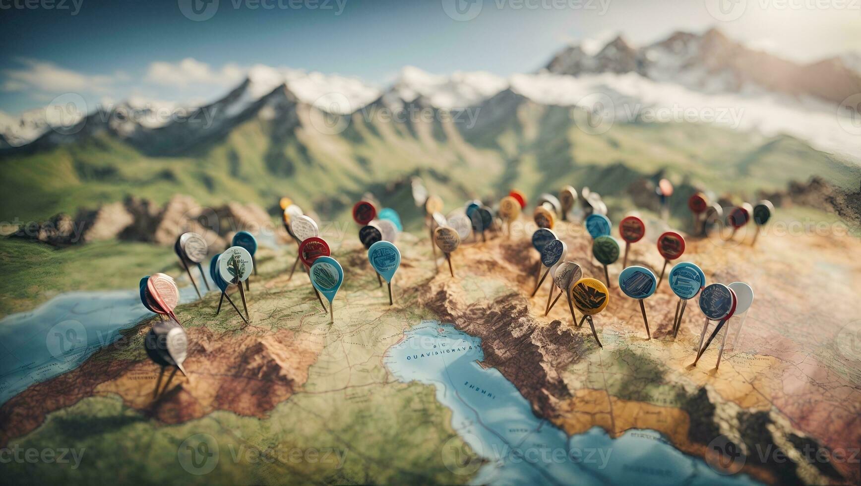 Pins on a geographic map curved like mountains. Pinning a location on a map with mountains. Adventure, geography, mountaineering, hike and travel concept background. Ai Generated photo