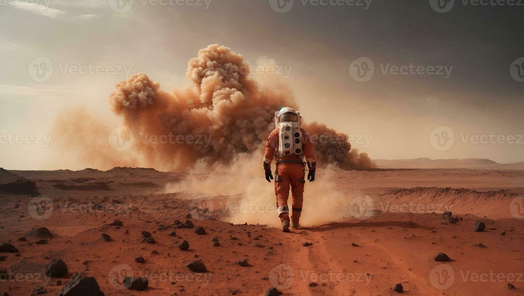 Disparo de astronauta con confianza caminando en Marte.. ai generado foto