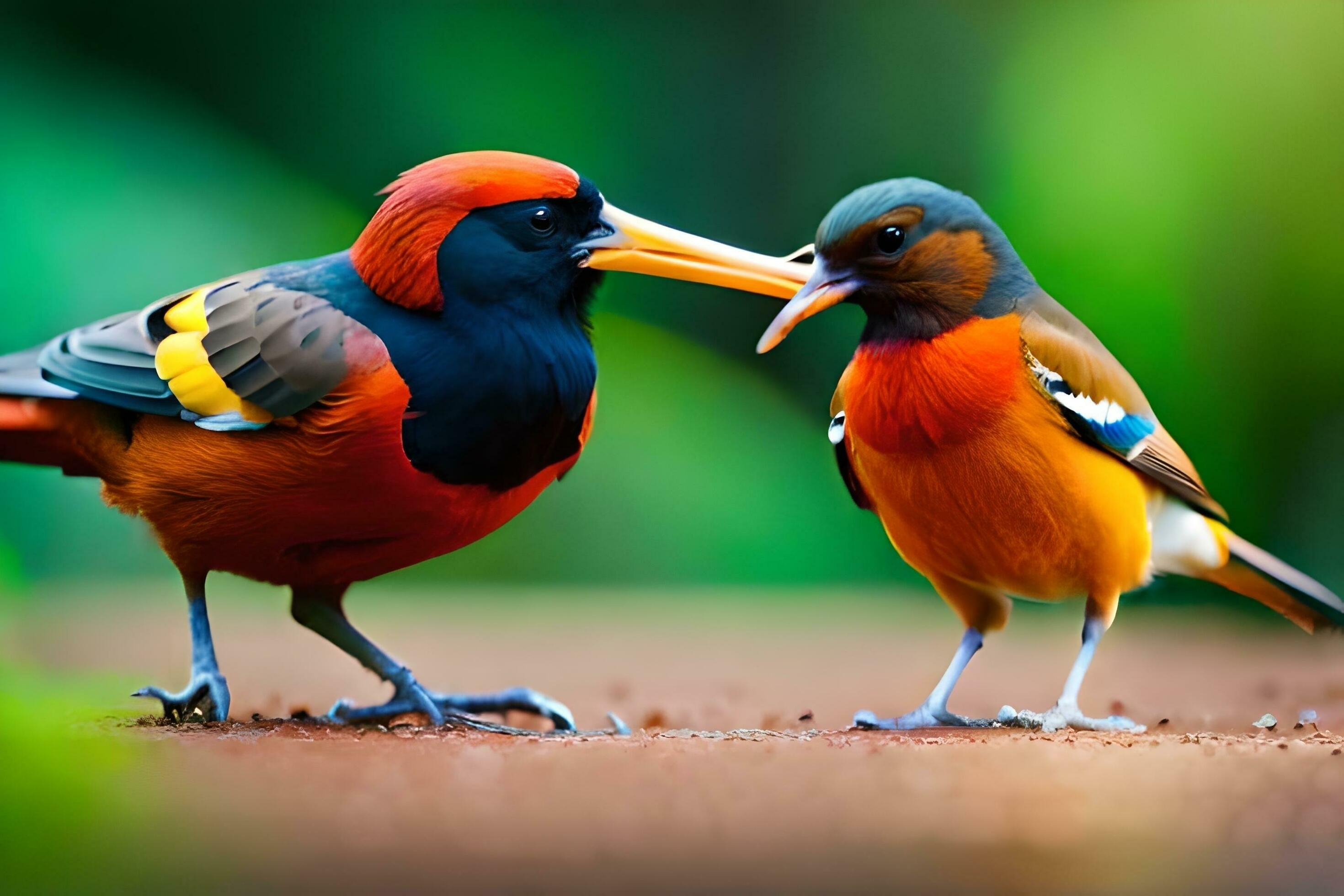 two colorful birds standing on the ground with their beaks open. AI
