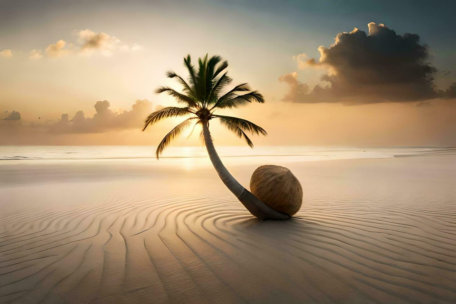 a coconut tree is sitting on the beach at sunset. AI-Generated photo