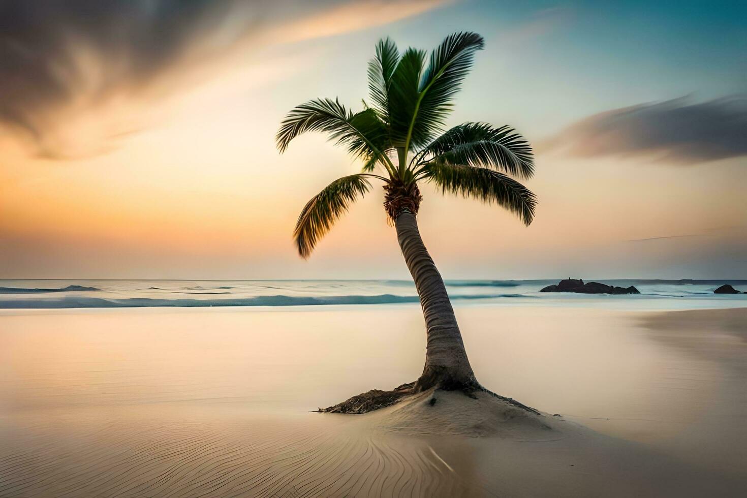 a palm tree stands on the beach at sunset. AI-Generated photo