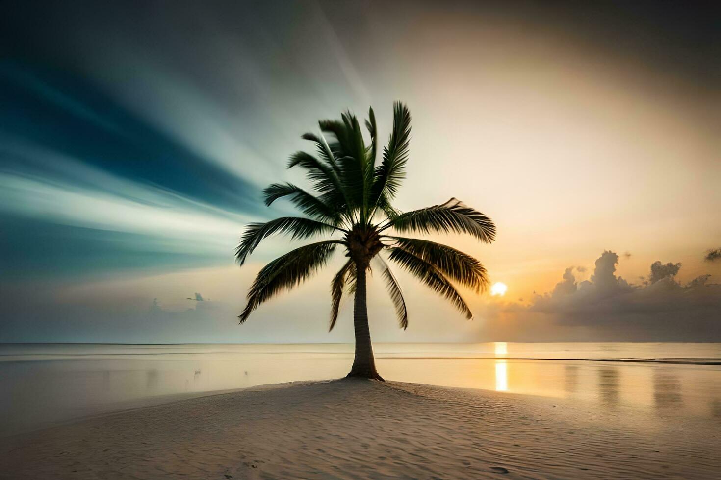 a palm tree stands alone on a beach at sunset. AI-Generated photo