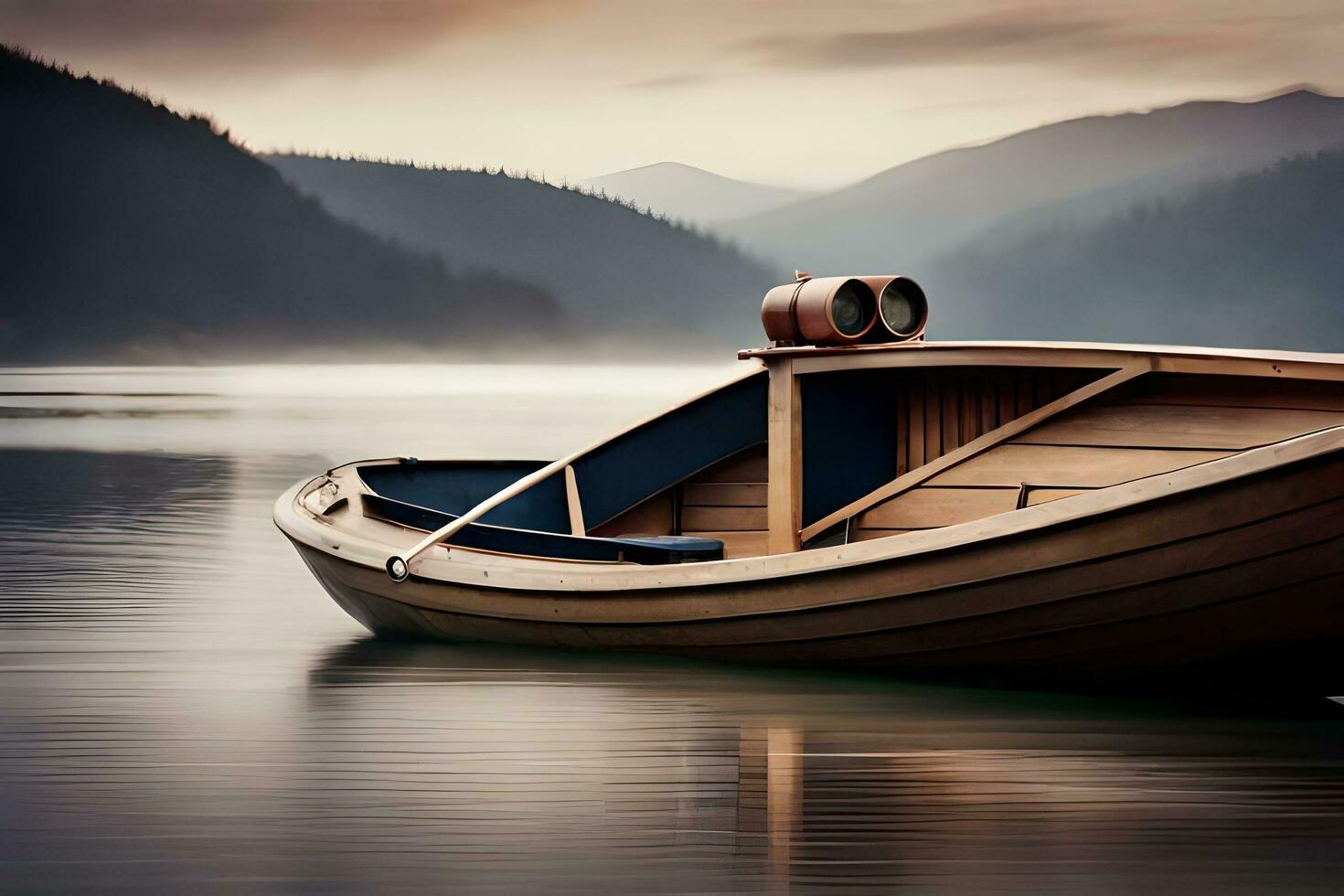 a boat sits on the water in front of mountains. AI-Generated photo
