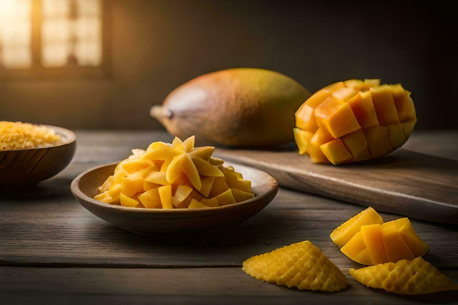 mango rebanadas en bochas y un cuenco de mangos. generado por ai foto