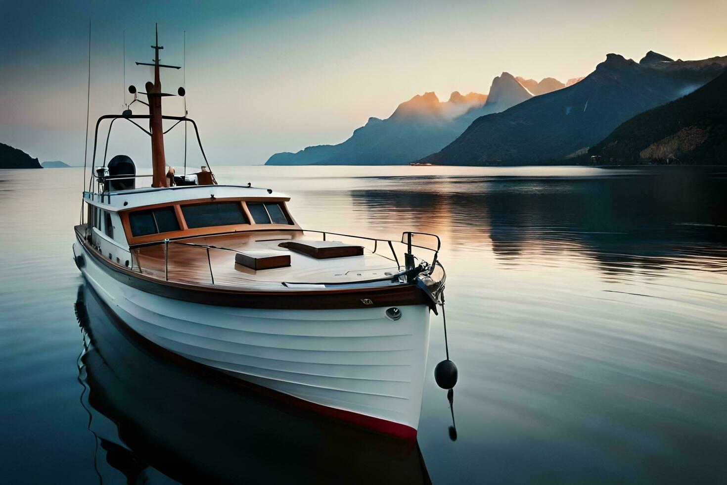 a boat is docked in the water near mountains. AI-Generated photo