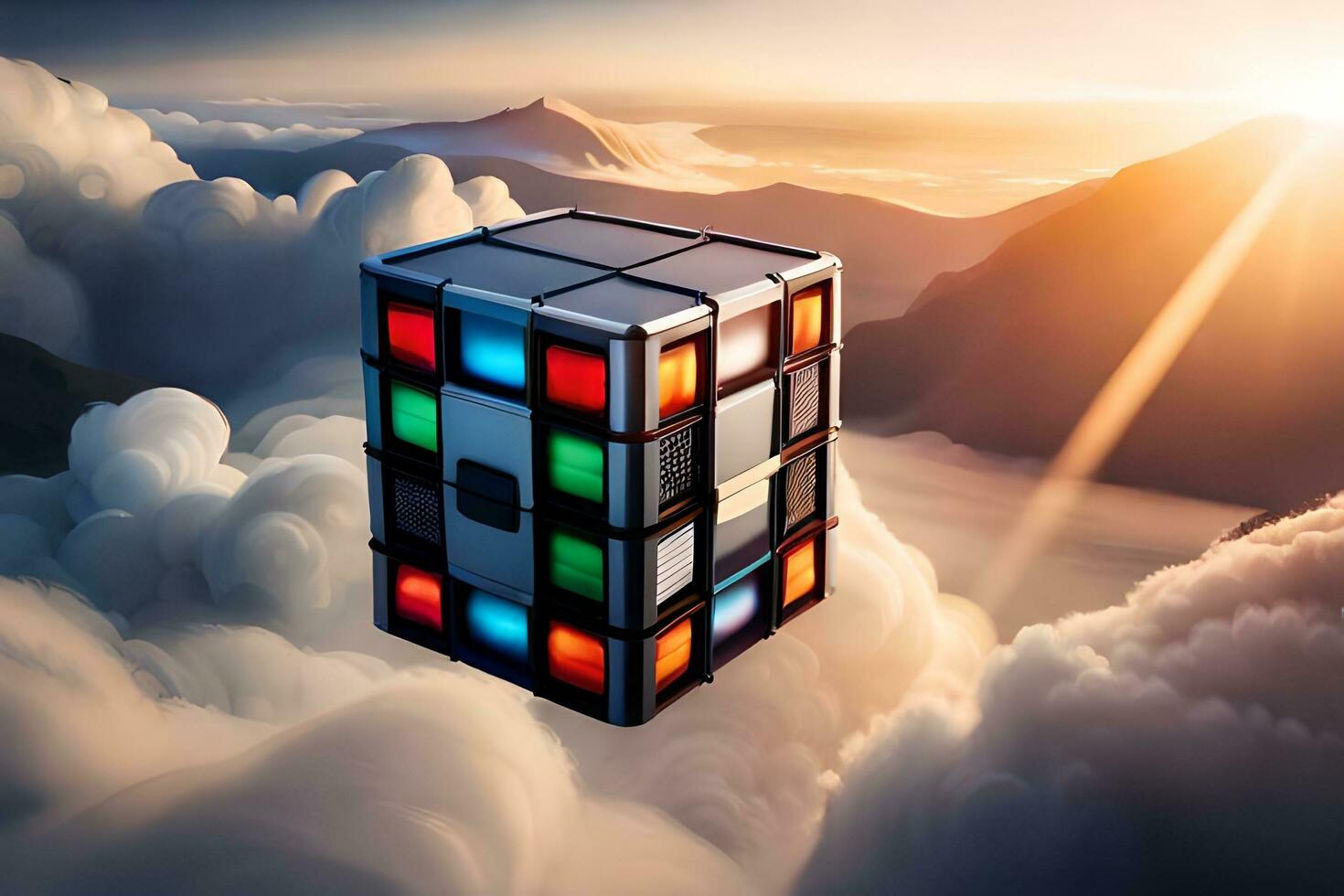 a cube with colorful lights flying in the sky. AI-Generated photo
