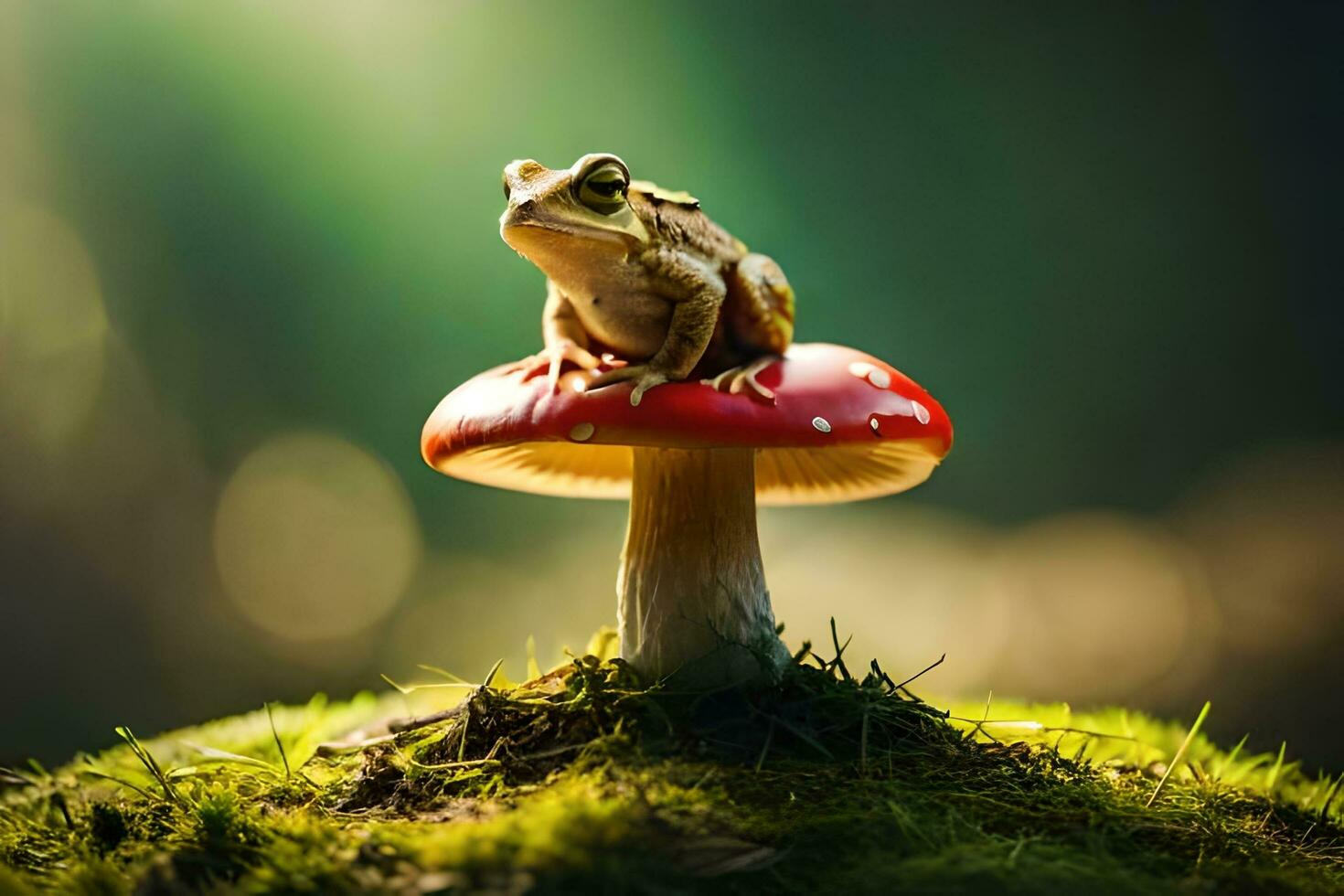 a frog sits on top of a red mushroom. AI-Generated photo