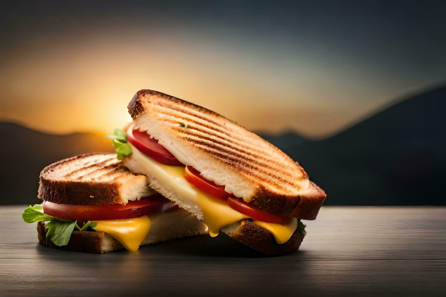 A la parrilla queso emparedado con tomate y queso en de madera mesa con puesta de sol antecedentes. generado por ai foto