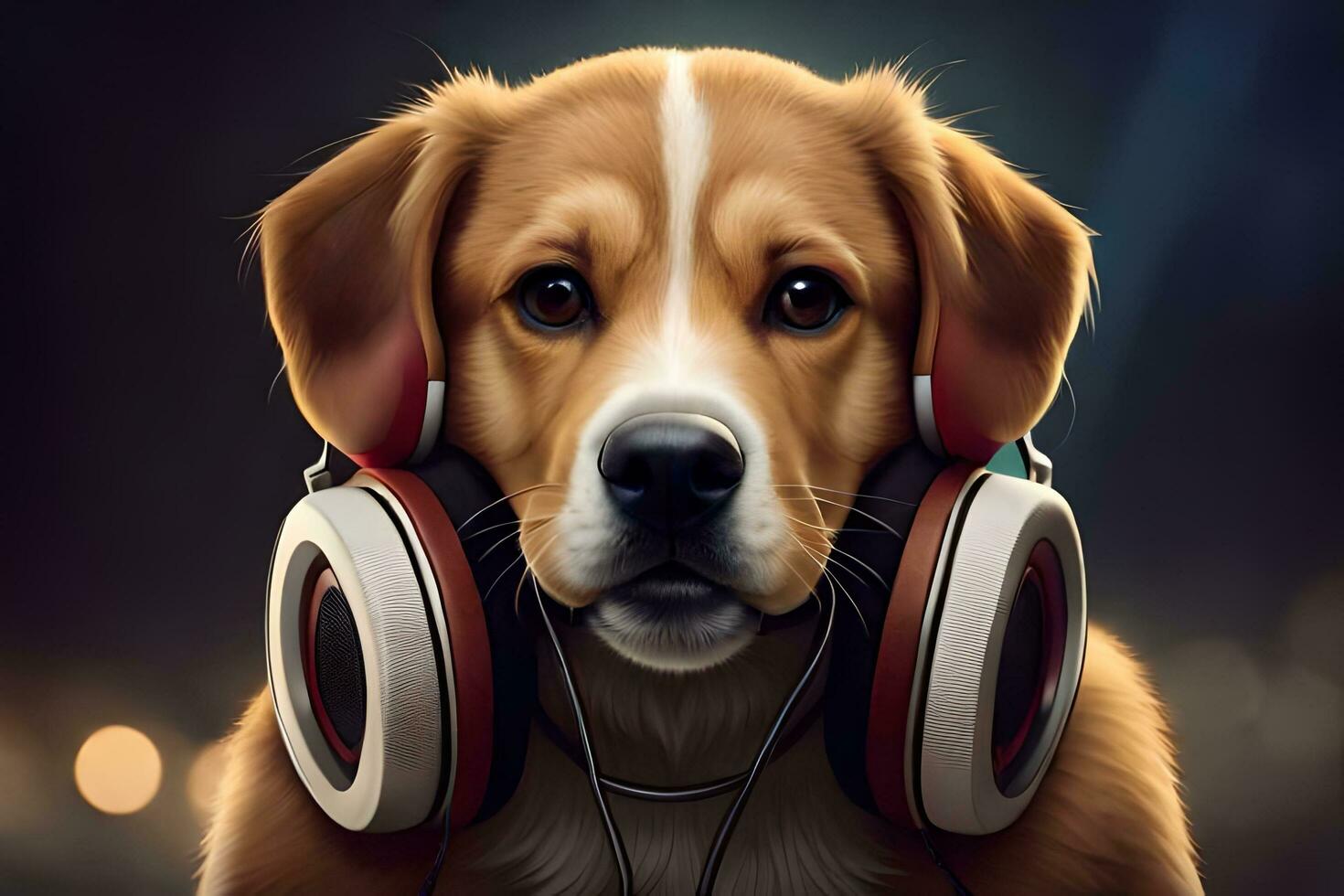 a dog wearing headphones on a dark background. AI-Generated photo