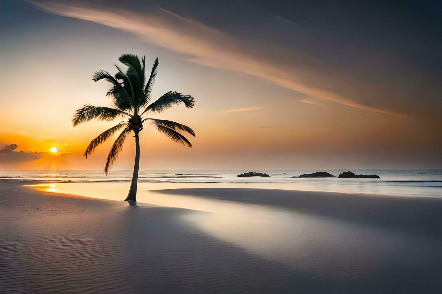 a lone palm tree stands on the beach at sunset. AI-Generated photo