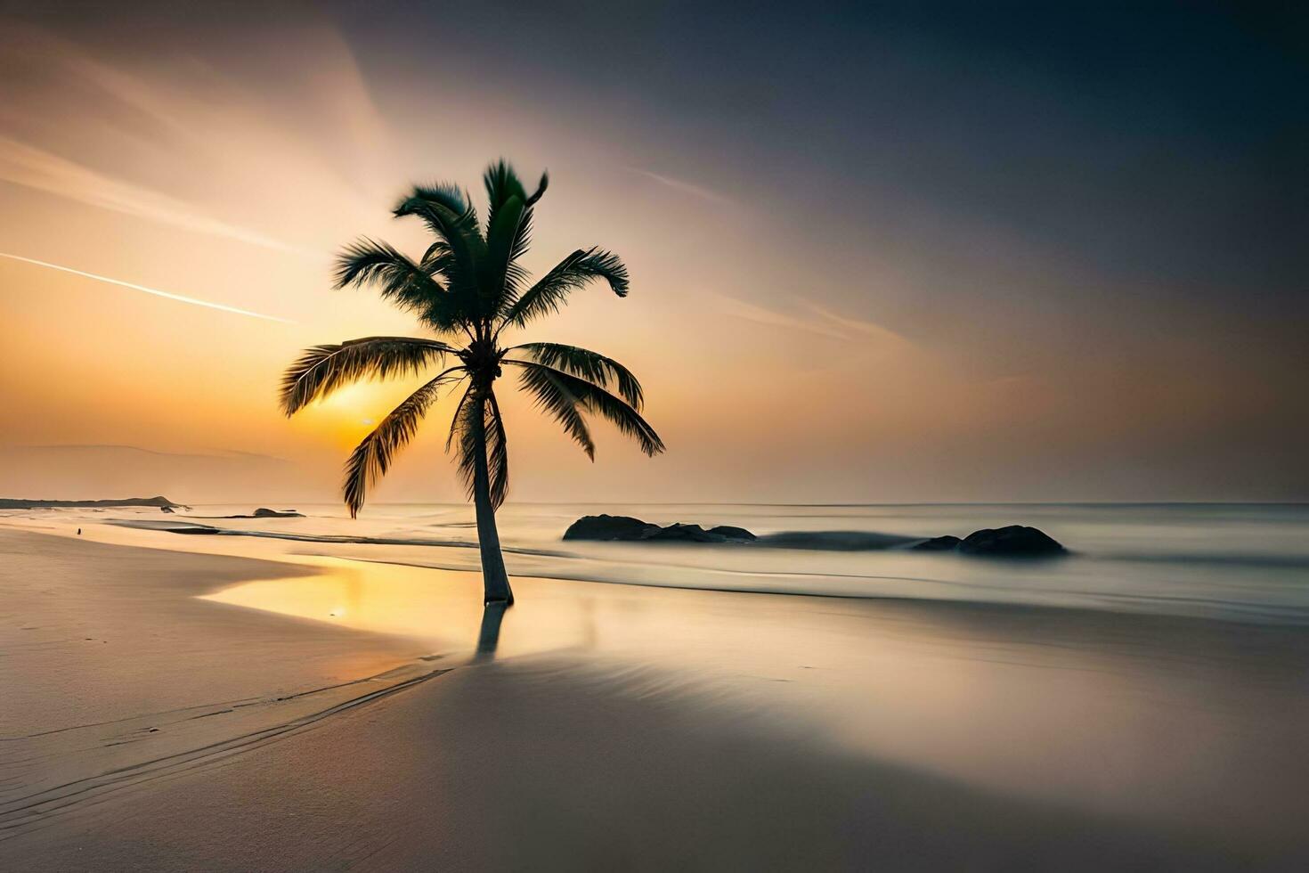 un solitario palma árbol soportes en el playa a puesta de sol. generado por ai foto