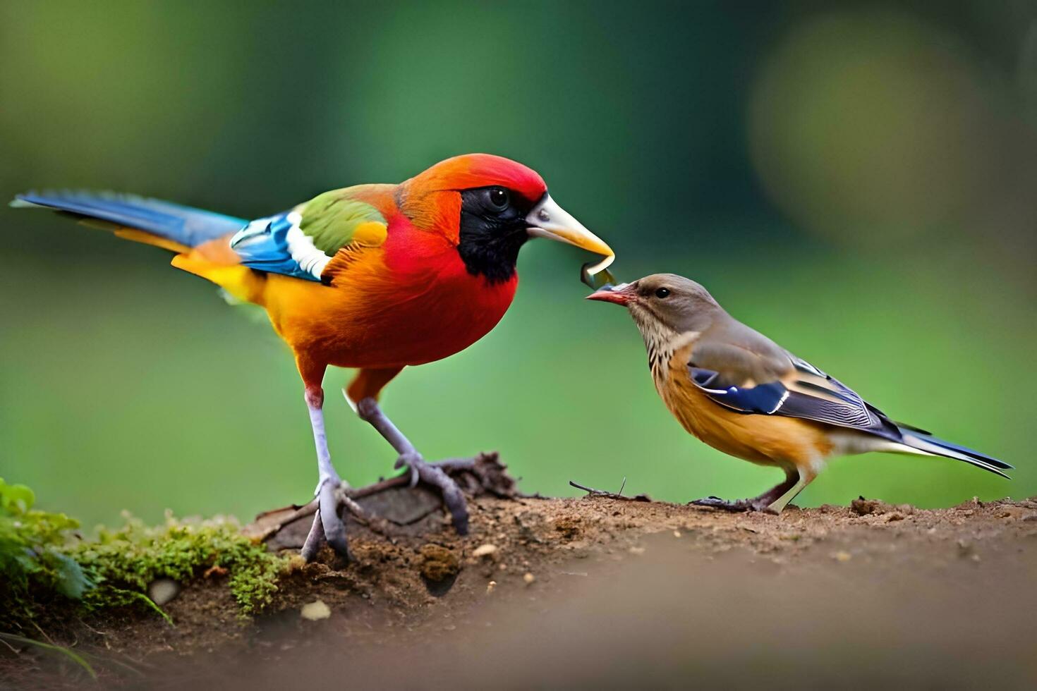a colorful bird eating from a small bird. AI-Generated photo