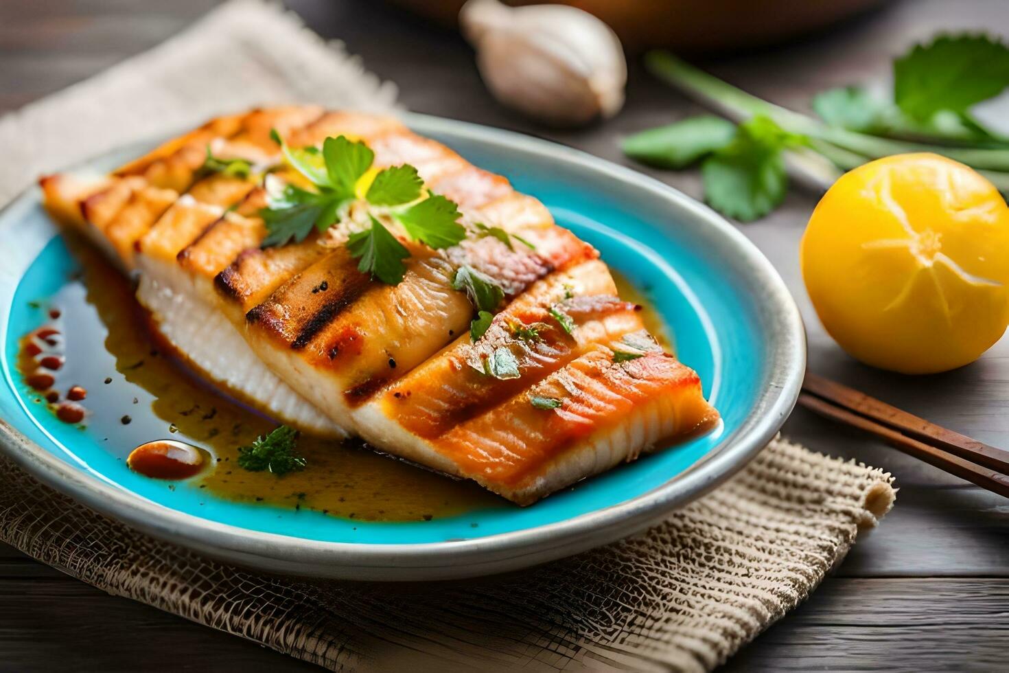 grilled salmon with lemon and herbs on a blue plate. AI-Generated photo