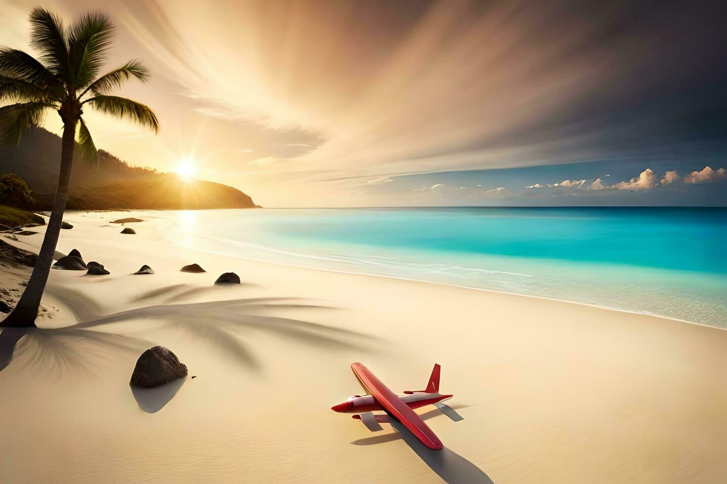 a red plane on a beach with palm trees. AI-Generated photo