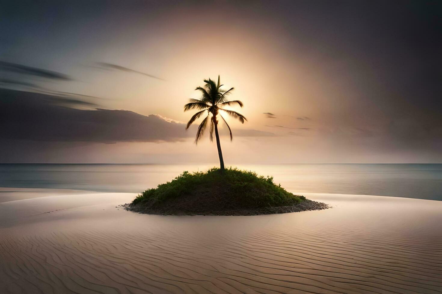 a lone palm tree stands on a small island in the middle of the ocean. AI-Generated photo