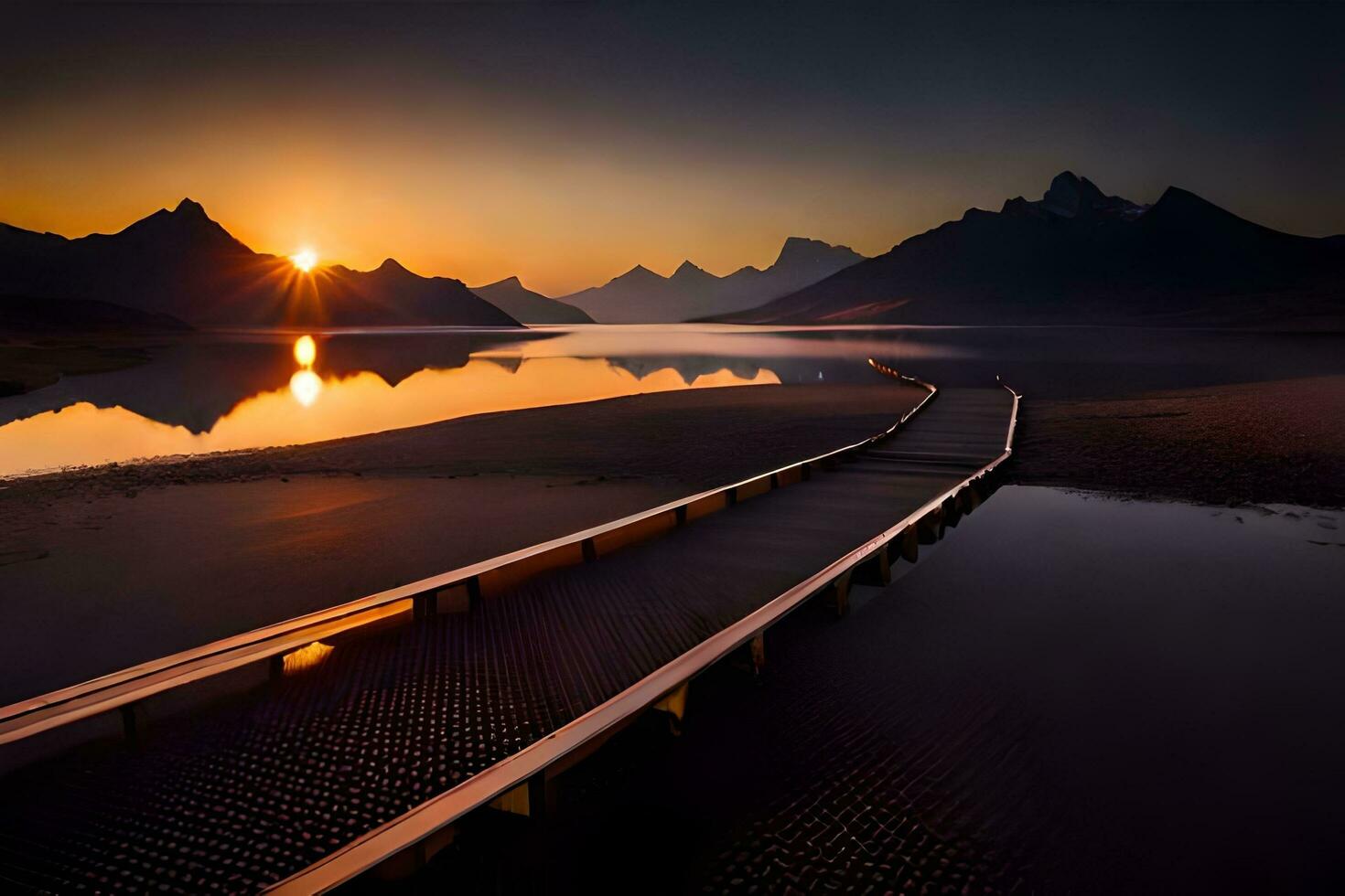 a wooden walkway leads to a lake at sunset. AI-Generated photo