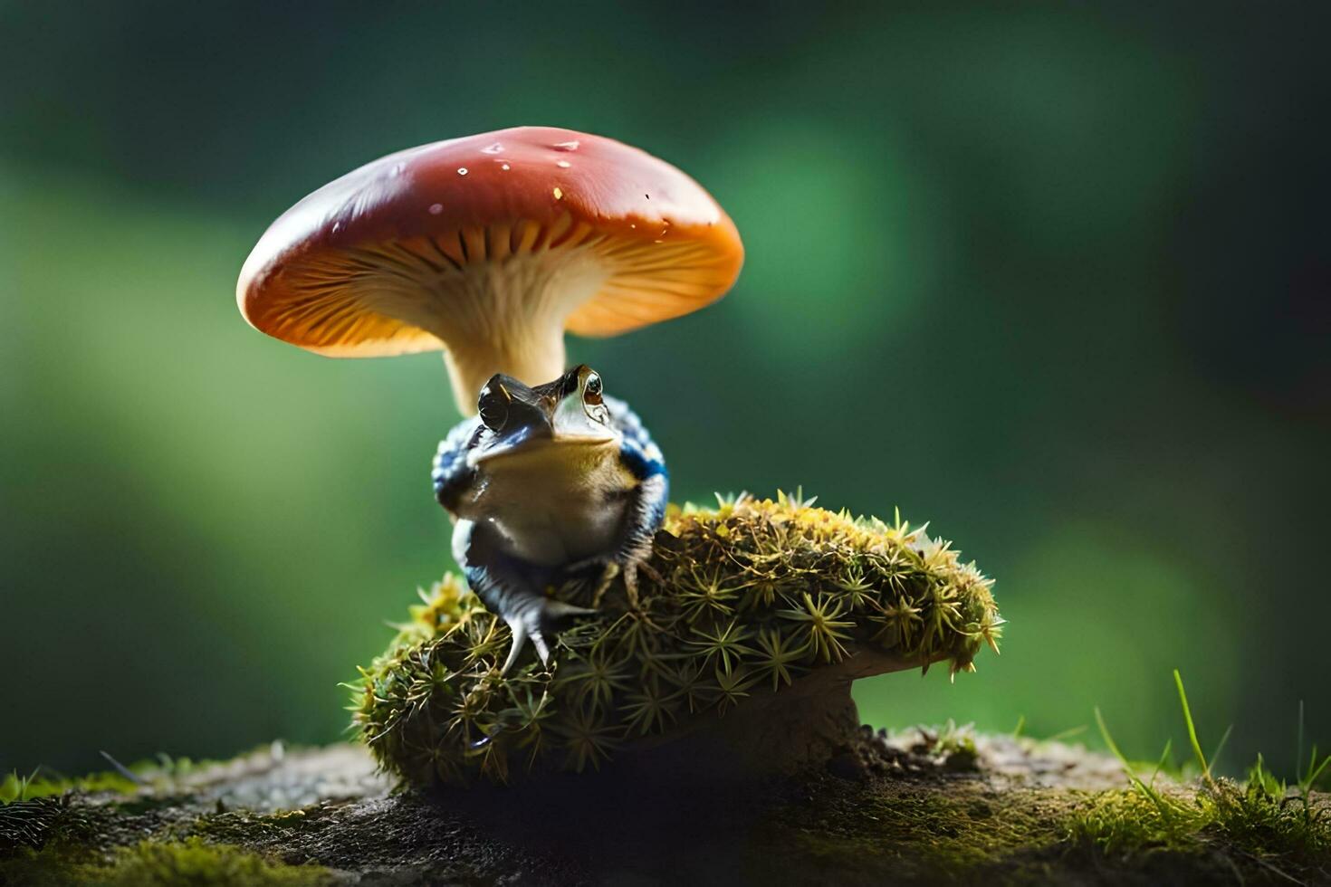 a frog sitting on top of a mushroom. AI-Generated photo