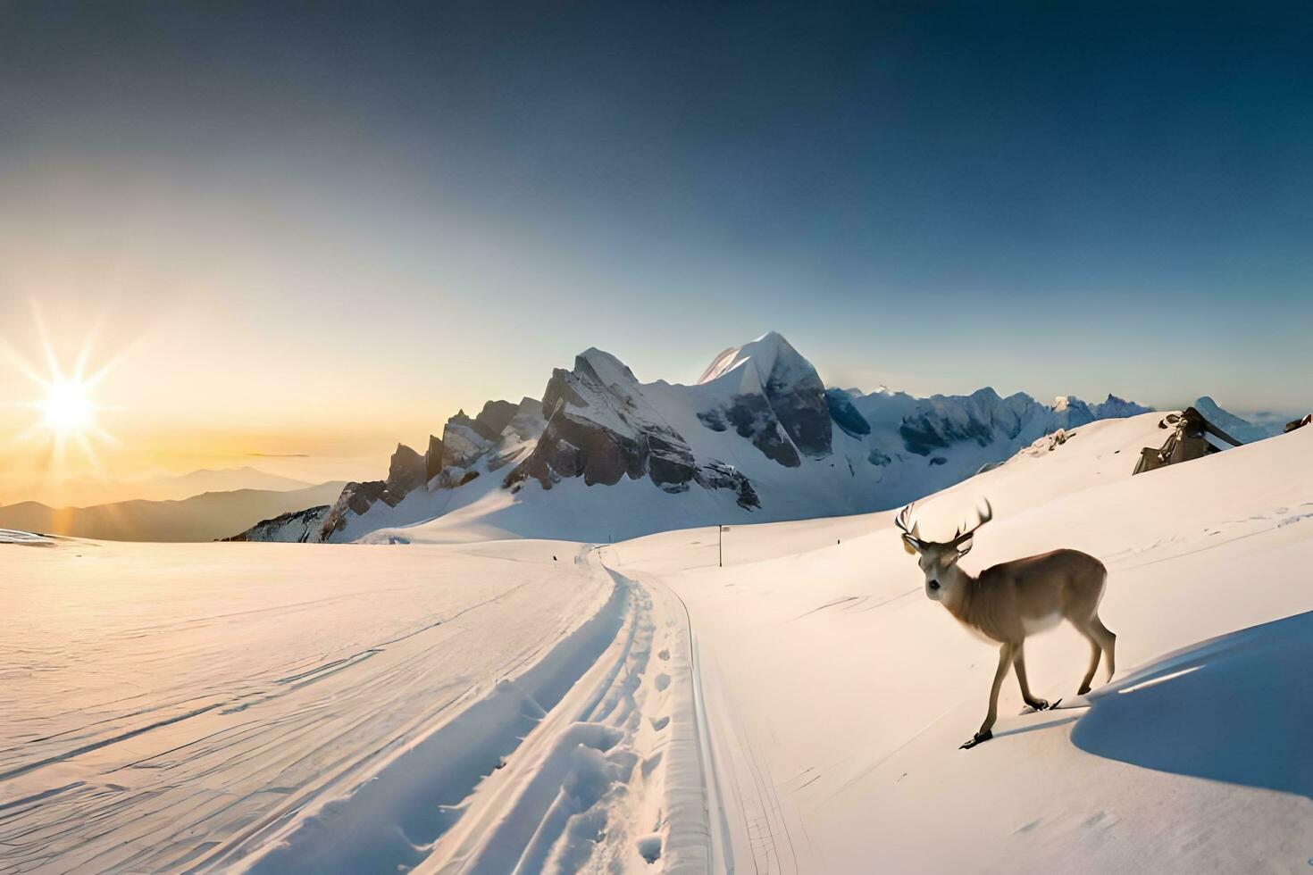 deer in the snow at sunset. AI-Generated photo