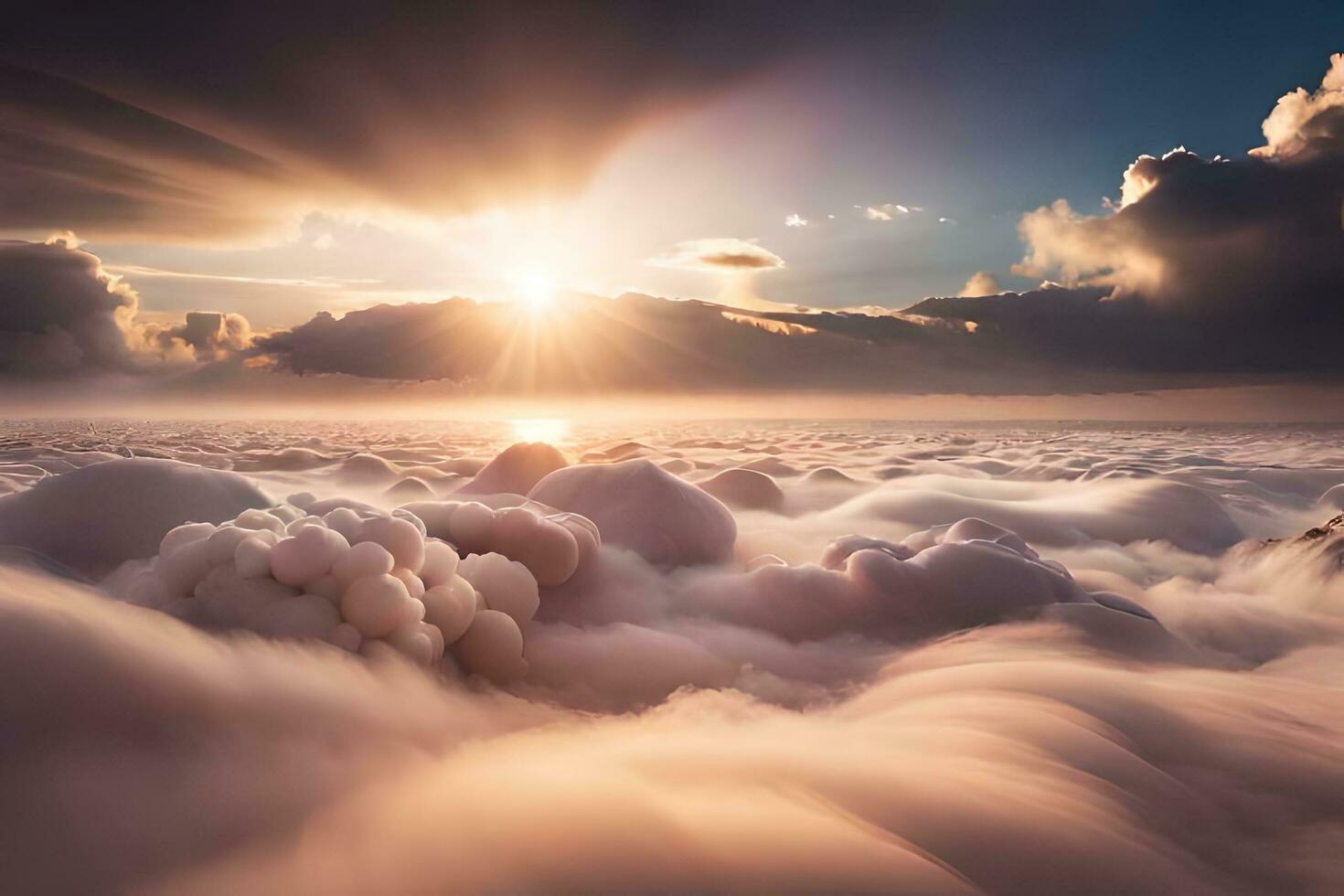 the sun shines through the clouds above a field of clouds. AI-Generated photo