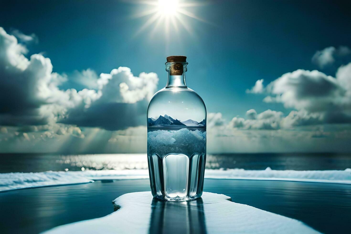 a bottle of vodka on the beach with the sun shining. AI-Generated photo