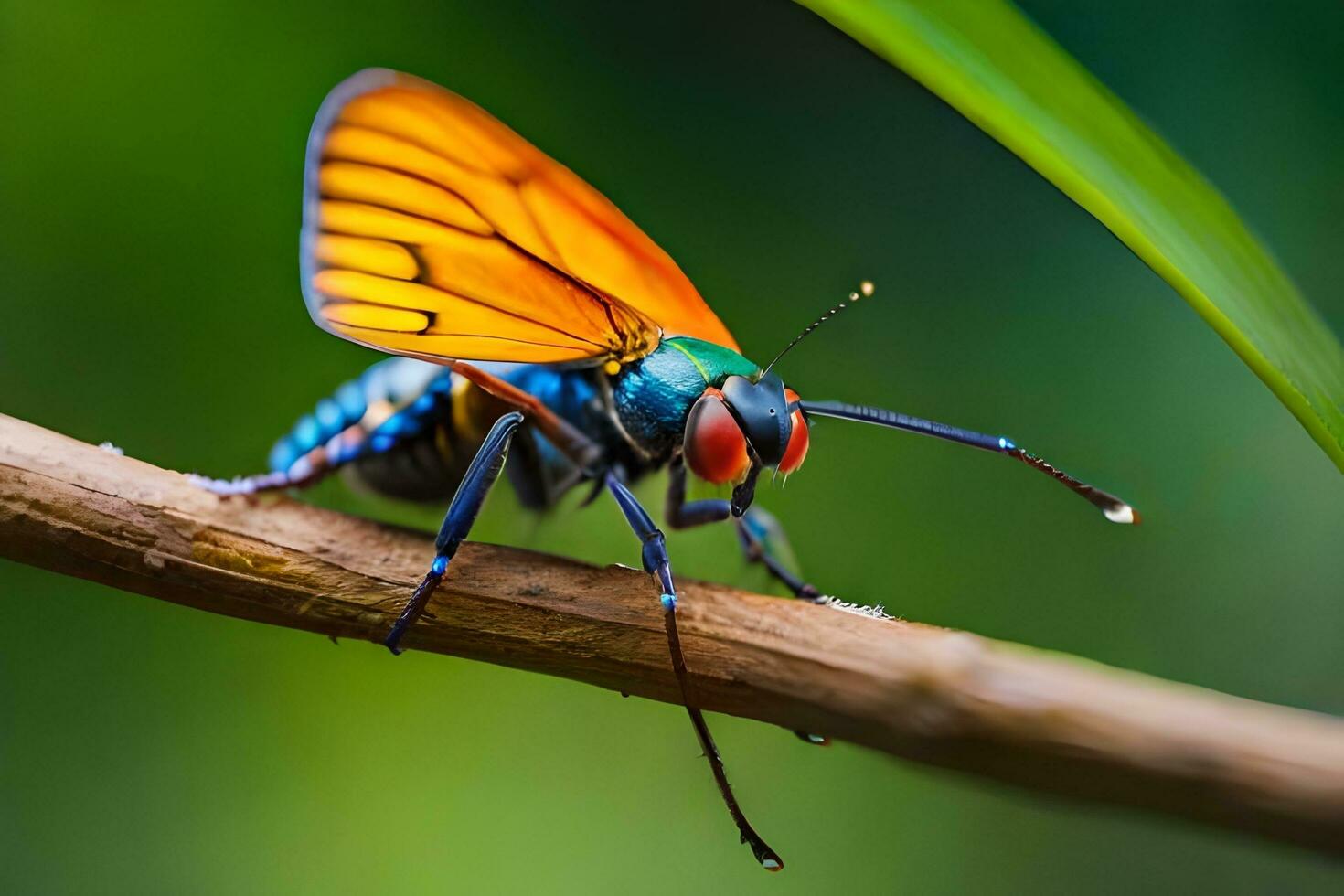 un vistoso insecto con naranja y azul alas sentado en un rama. generado por ai foto