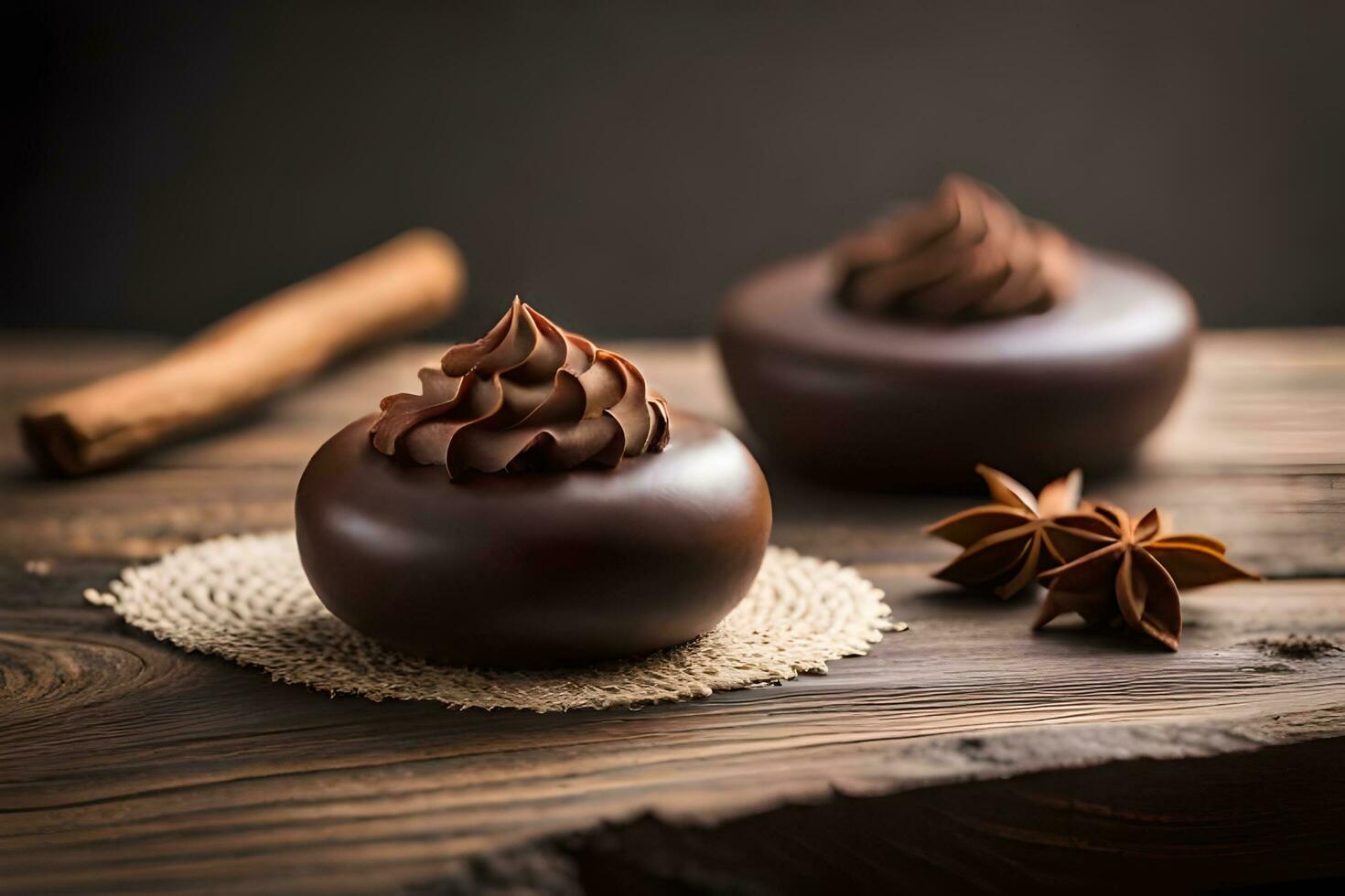 chocolate desserts on wooden table with cinnamon and star anise. AI-Generated photo