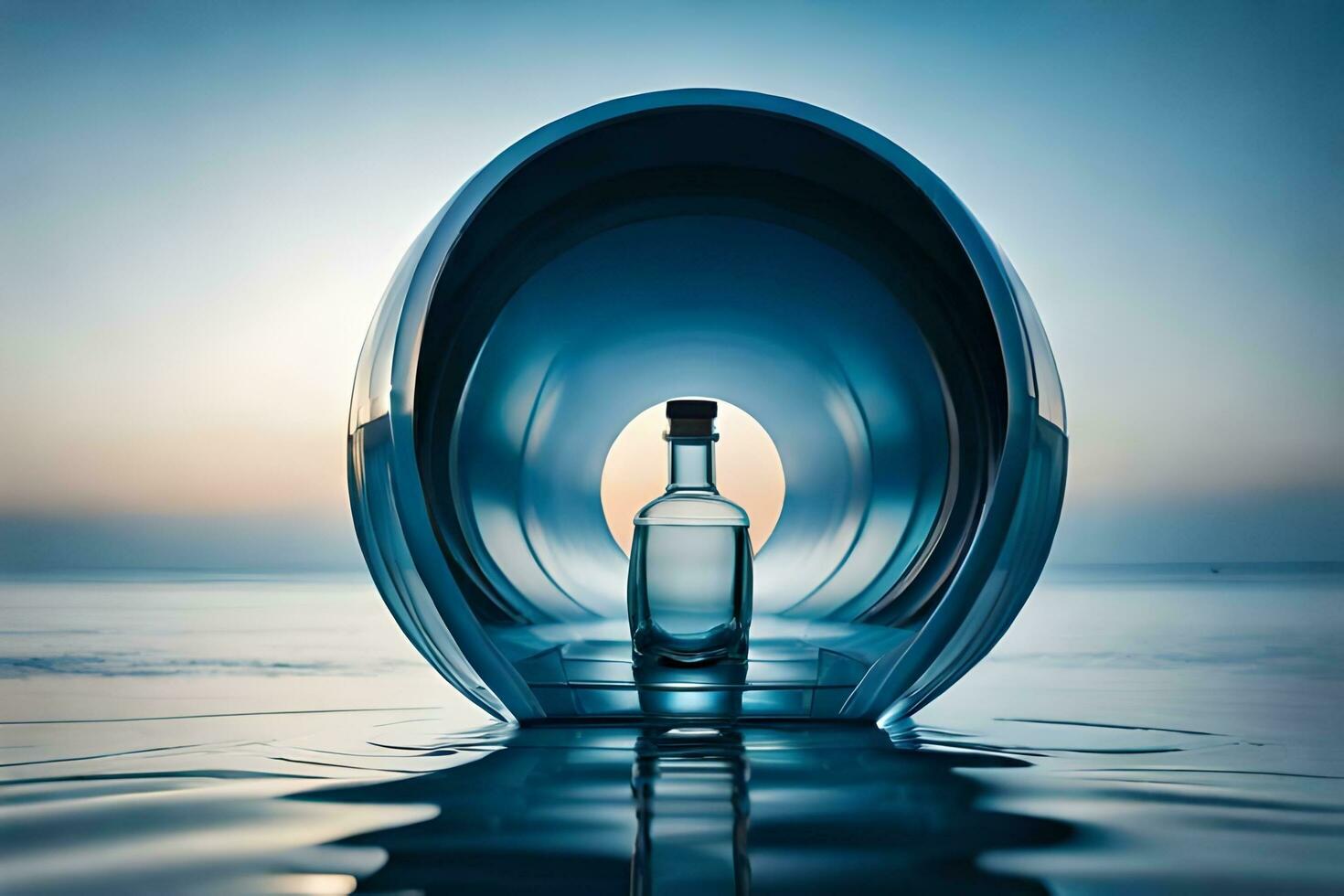 a bottle of vodka in a glass tube on the water. AI-Generated photo