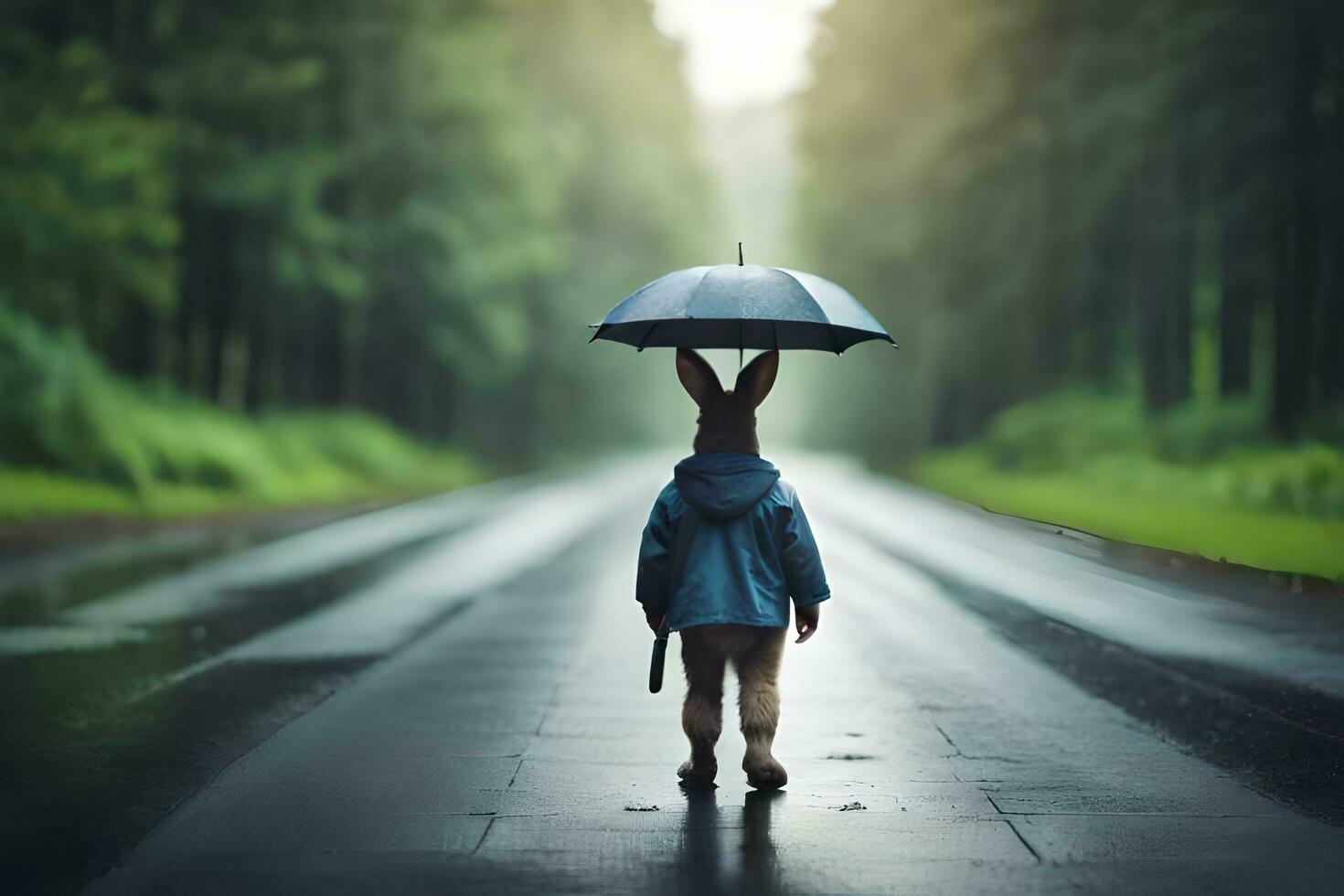 a rabbit is walking down a road with an umbrella. AI-Generated photo