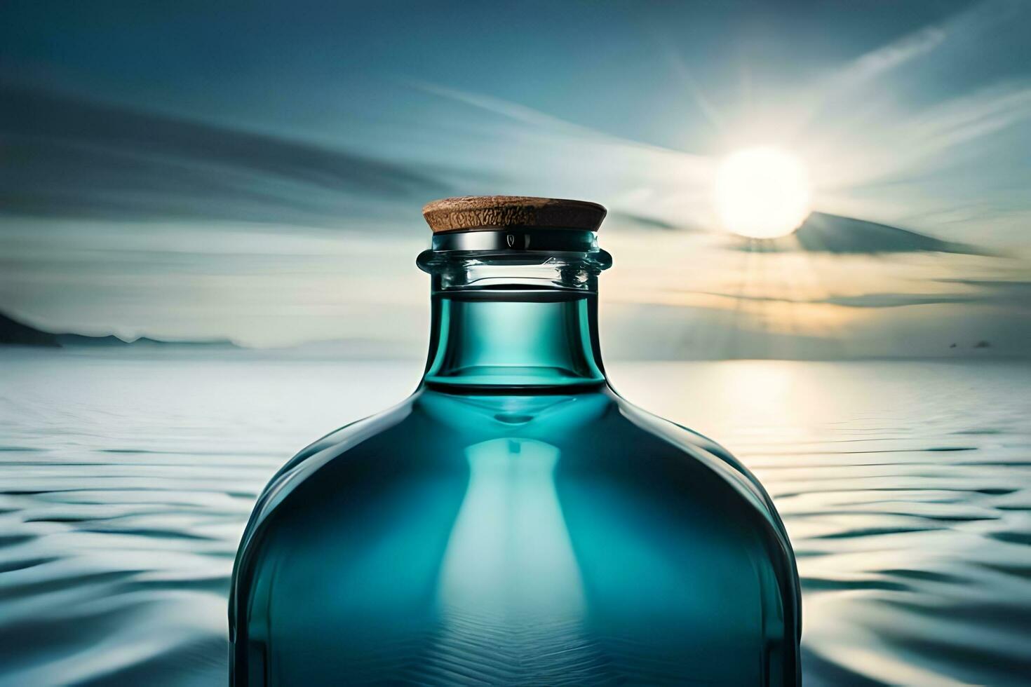 a bottle of blue liquid sitting on the water. AI-Generated photo