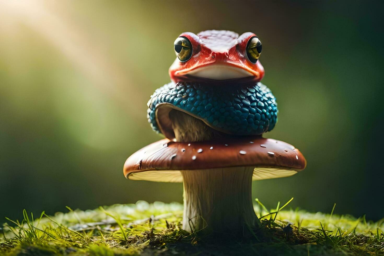 a small frog sits on top of a mushroom. AI-Generated photo