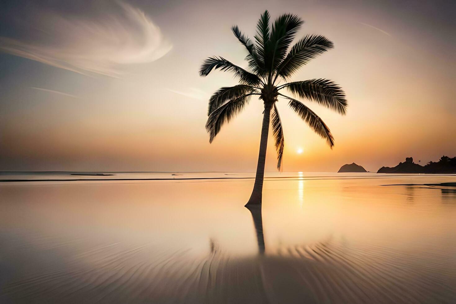 a palm tree stands on the beach at sunset. AI-Generated photo