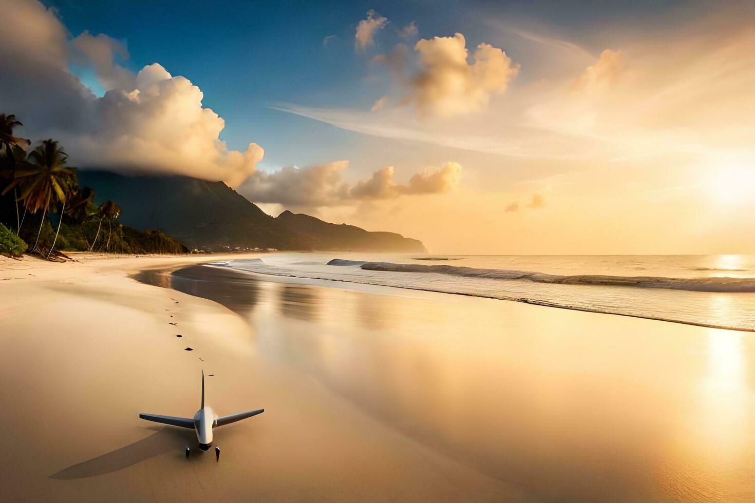 an airplane sits on the beach at sunset. AI-Generated photo