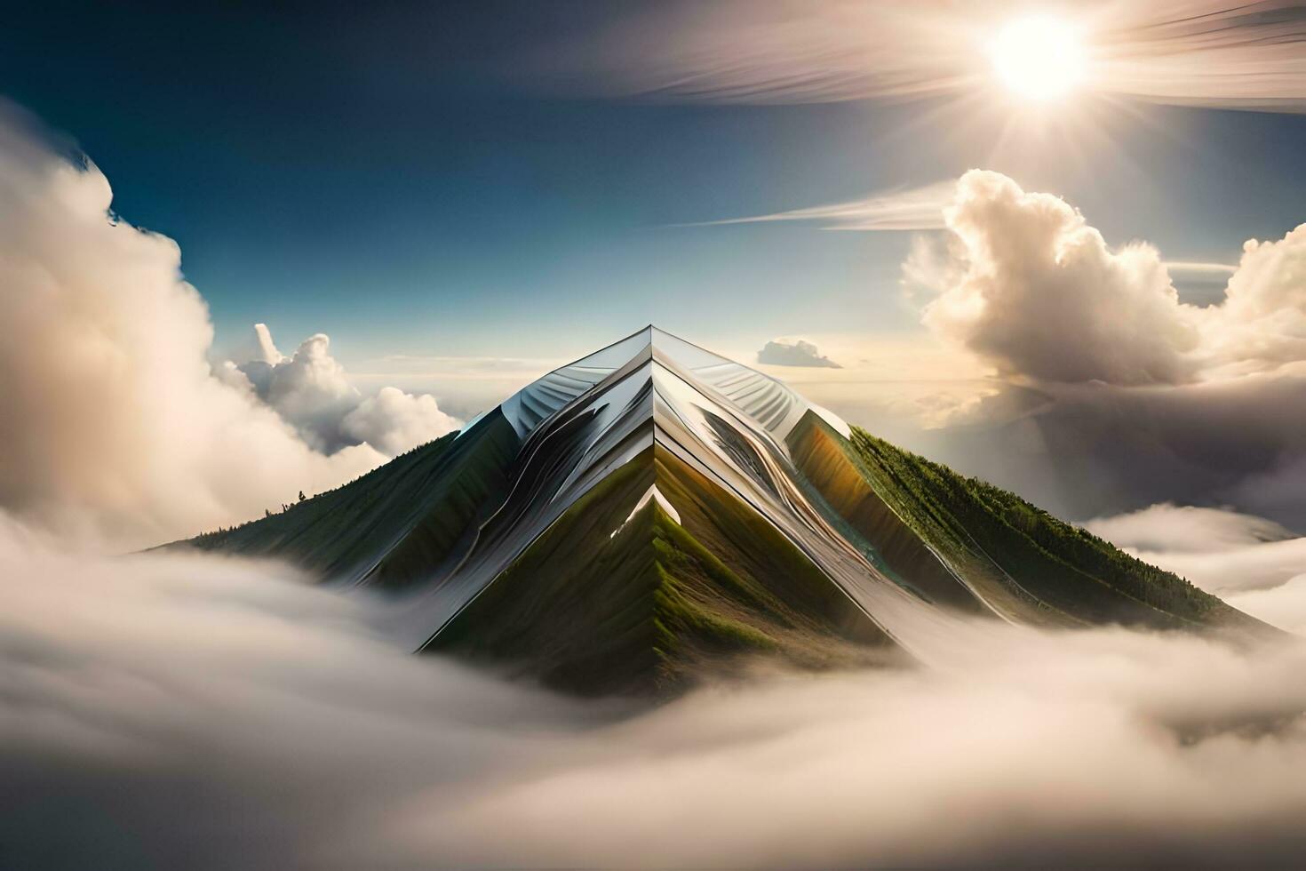 a mountain with clouds and sun above it. AI-Generated photo