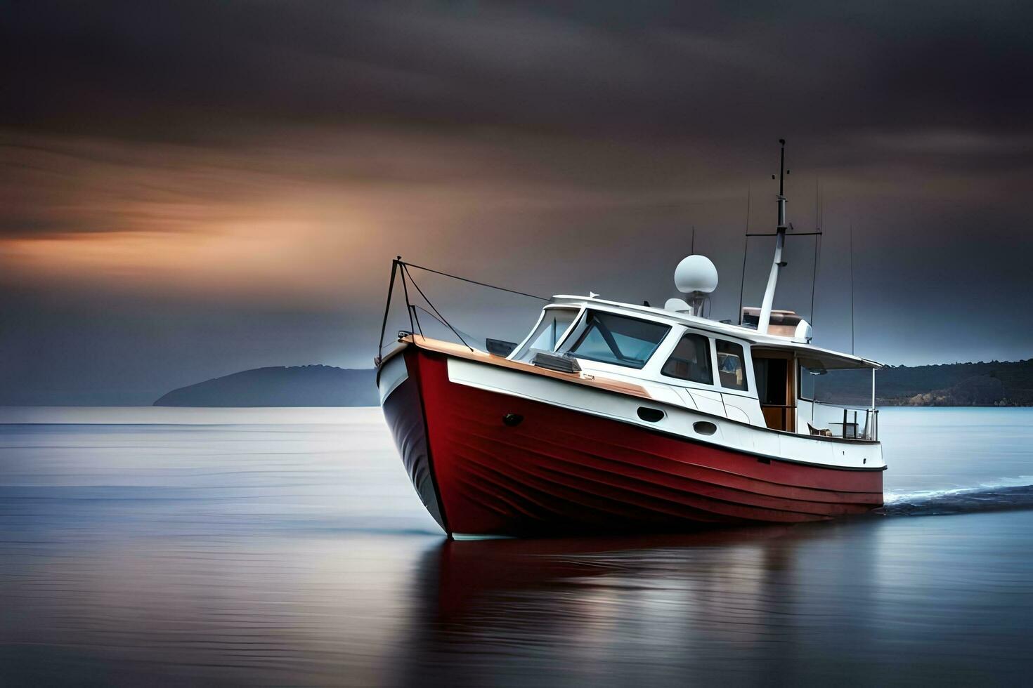 a red and white boat is sailing on the water. AI-Generated photo