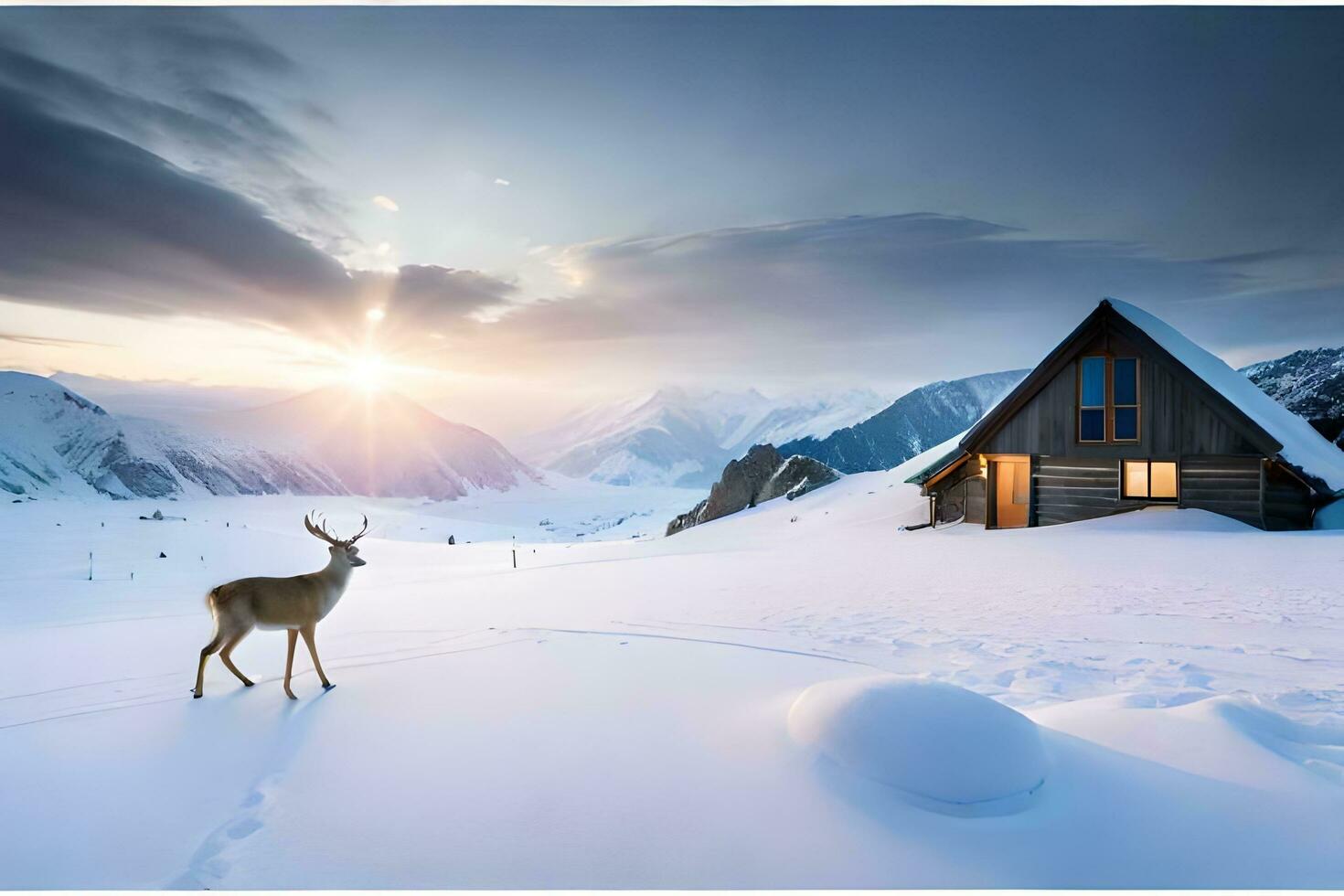 a deer stands in front of a cabin in the snow. AI-Generated photo
