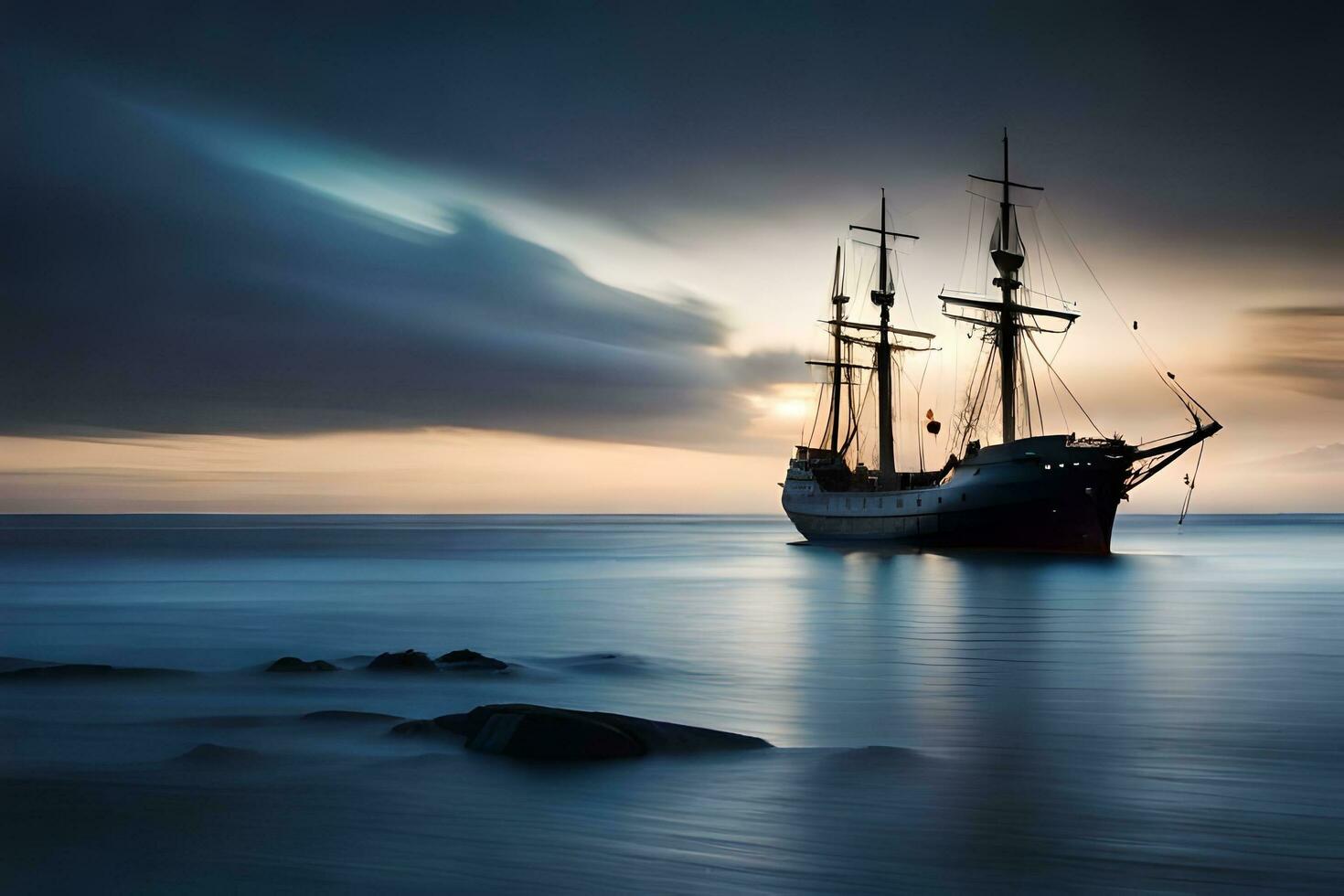 un navegación Embarcacion en el Oceano a puesta de sol. generado por ai foto