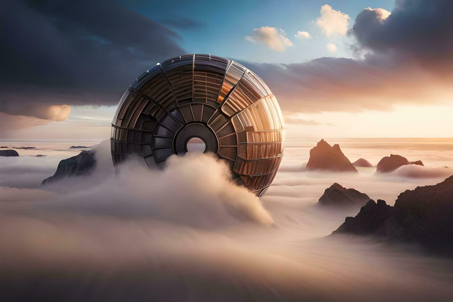 a futuristic spaceship floating in the clouds. AI-Generated photo