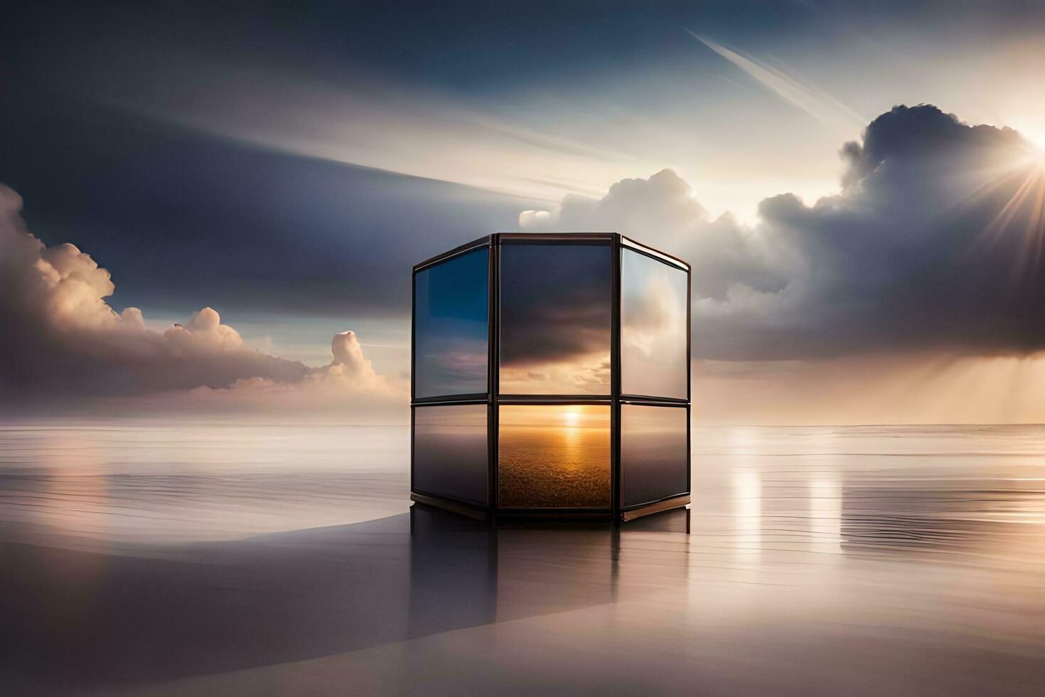 a cube sitting on the beach with the sun shining through it. AI-Generated photo